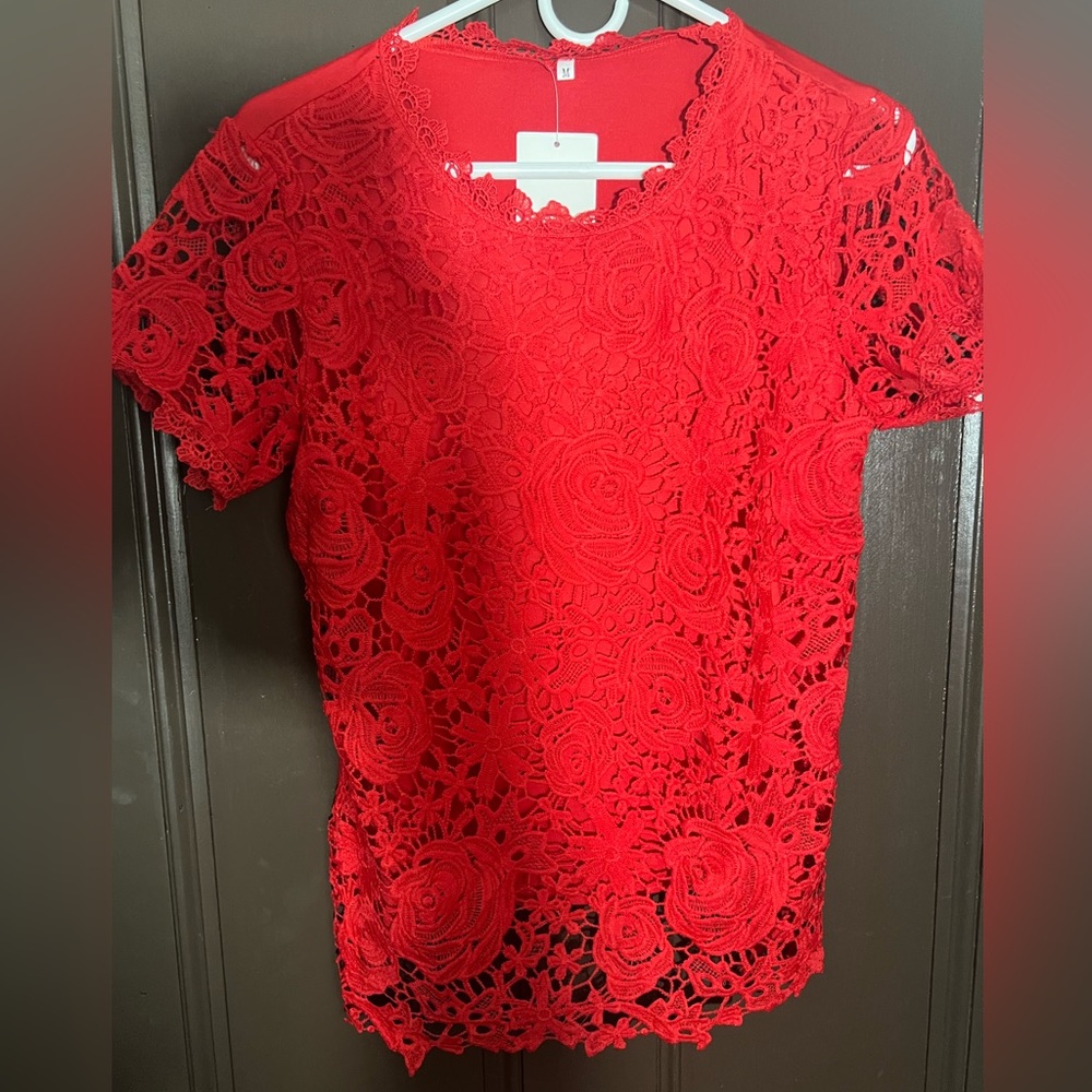 Red Lace Blouse By Camisa - NWT